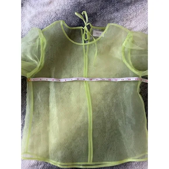 Grey Lab Sheer Neon Green Long Sleeve Keyhole Back Tie Closure Blouse Size Large - Picture 7 of 10